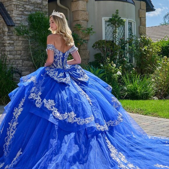 New Royal Blue Quinceanera Tulle Gown w/ Layered Gown w/ Boned Bodice GL3805 - Picture 11 of 13